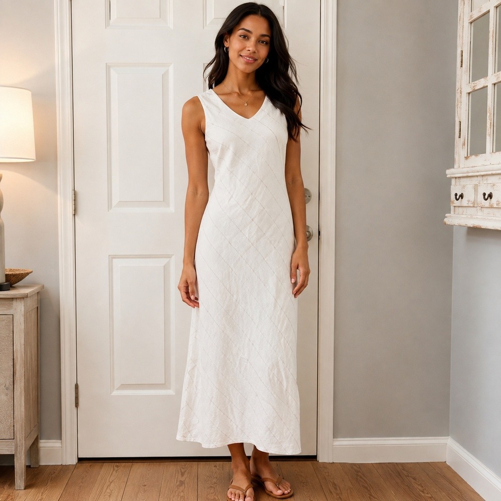 Madison Studio White 100% Linen Maxi Dress V-Neck Sleeveless Lined Lagenlook6